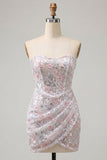 Blush Strapless Bodycon Sequins Ruched Short Homecoming Dress