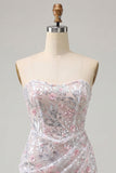 Blush Strapless Bodycon Sequins Ruched Short Homecoming Dress