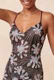 Black Bodycon Spaghetti Straps Sequins Floral Short Homecoming Dress with Slit