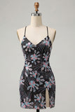 Black Bodycon Spaghetti Straps Sequins Floral Short Homecoming Dress with Slit