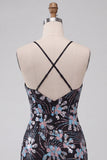 Black Bodycon Spaghetti Straps Sequins Floral Short Homecoming Dress with Slit