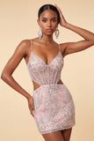 Blush Bodycon Corset Cut Out Spaghetti Straps Sequins Floral Short Homecoming Dress
