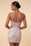 Blush Bodycon Corset Cut Out Spaghetti Straps Sequins Floral Short Homecoming Dress