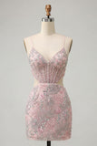 Blush Bodycon Corset Cut Out Spaghetti Straps Sequins Floral Short Homecoming Dress