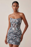 Grey Bodycon Strapless Corset Ruched Sequins Floral Short Homecoming Dress