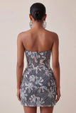 Grey Bodycon Strapless Corset Ruched Sequins Floral Short Homecoming Dress