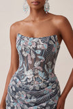 Grey Bodycon Strapless Corset Ruched Sequins Floral Short Homecoming Dress