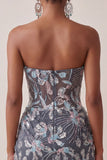Grey Bodycon Strapless Corset Ruched Sequins Floral Short Homecoming Dress