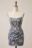 Grey Bodycon Strapless Corset Ruched Sequins Floral Short Homecoming Dress