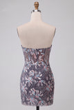 Grey Bodycon Strapless Corset Ruched Sequins Floral Short Homecoming Dress