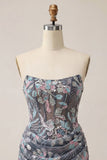 Grey Bodycon Strapless Corset Ruched Sequins Floral Short Homecoming Dress