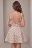 A-Line Champagne Floral Short Thick Straps Homecoming Dress with Sequins