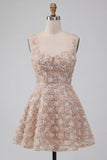A-Line Champagne Floral Short Thick Straps Homecoming Dress with Sequins