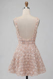 A-Line Champagne Floral Short Thick Straps Homecoming Dress with Sequins