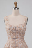 A-Line Champagne Floral Short Thick Straps Homecoming Dress with Sequins