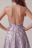 A-Line Lilac Halter Neck Backless Short Homecoming Dress with Sequins