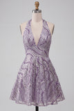 A-Line Lilac Halter Neck Backless Short Homecoming Dress with Sequins