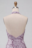 A-Line Lilac Halter Neck Backless Short Homecoming Dress with Sequins
