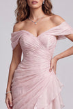 Light Pink Ruched Mermaid Off The Shoulder Formal Dress with Ruffles