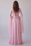 Light Pink Flare Sleeves Corset A-Line Sequins Long Formal Dress
