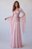 Light Pink Flare Sleeves Corset A-Line Sequins Long Formal Dress