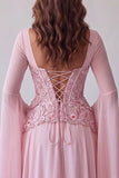 Light Pink Flare Sleeves Corset A-Line Sequins Long Formal Dress