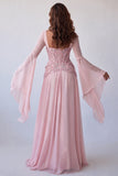 Light Pink Flare Sleeves Corset A-Line Sequins Long Formal Dress