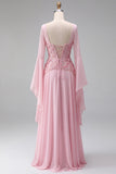Light Pink Flare Sleeves Corset A-Line Sequins Long Formal Dress