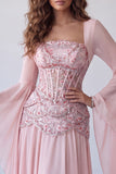 Light Pink Flare Sleeves Corset A-Line Sequins Long Formal Dress