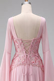 Light Pink Flare Sleeves Corset A-Line Sequins Long Formal Dress