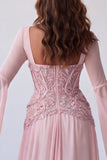 Light Pink Flare Sleeves Corset A-Line Sequins Long Formal Dress
