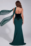 Dark Green Mermaid Beaded Strapless Corset Formal Dress with Neck Scarf