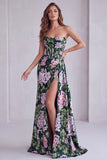 Dark Green Floral Strapless Corset Ruched A-Line Formal Dress with Slit