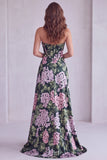 Dark Green Floral Strapless Corset Ruched A-Line Formal Dress with Slit