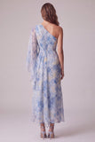 Floral Dusty BLue Asymmetrical Sheath Ruched Formal Dress with 3D Flower