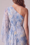 Floral Dusty BLue Asymmetrical Sheath Ruched Formal Dress with 3D Flower