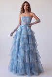Dusty Blue A-Line Corset Tiered Ruffle Strapless Long Prom Dress