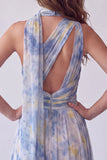 Blue One Shoulder Cut Out Floral Long Formal Dress with Neck Scarf