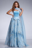 Sky Blue A-Line Corset Strapless Long Prom Dress with Side Cape