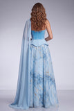 Sky Blue A-Line Corset Strapless Long Prom Dress with Side Cape