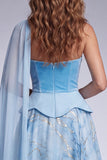 Sky Blue A-Line Corset Strapless Long Prom Dress with Side Cape