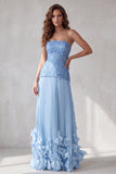 Blue A Line Strapless 3D Floral Hem Pleated Formal Dress with Rhinestones