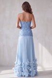 Blue A Line Strapless 3D Floral Hem Pleated Formal Dress with Rhinestones