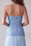 Blue A Line Strapless 3D Floral Hem Pleated Formal Dress with Rhinestones
