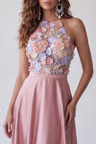 Pink A-Line High Neck 3D Floral Appliques Open Back Long Formal Dress