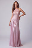 Pink A-Line Floral Embroidery Ruched Long Formal Dress