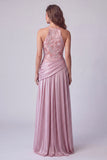 Pink A-Line Floral Embroidery Ruched Long Formal Dress