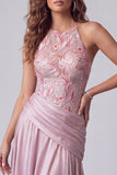 Pink A-Line Floral Embroidery Ruched Long Formal Dress