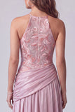 Pink A-Line Floral Embroidery Ruched Long Formal Dress