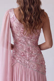 Pink Beaded Ruched One Shoulder Formal Dress with Side Cape